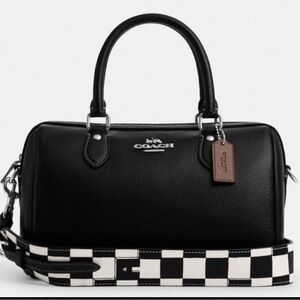 COACH Women’s Rowan Satchel In Leather Black With Checkerboard Strap  CP109